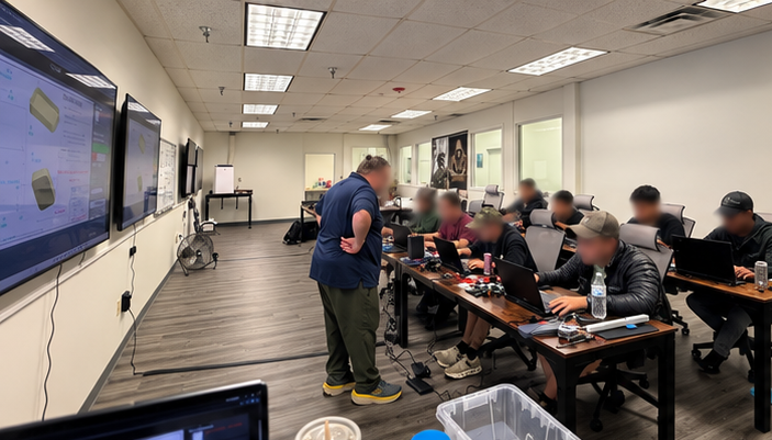 FFF-301 classroom at Forge and Flight Academy with instructor and students